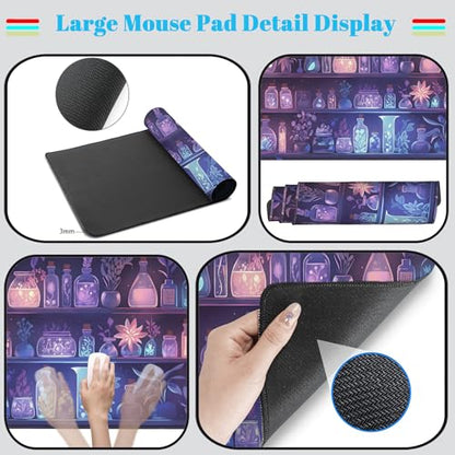 Cute Cozy Purple Gaming Desk Mat, Mystical Potion Bottles Mouse Pad XXL Large Extended Aesthetic Apothecary Shelf Desk Pad, Fun Computer Desktop Pad Mat Laptop Keyboard and Mouse Mat 31.5x15.7 in - color: Purple Potion Bottles