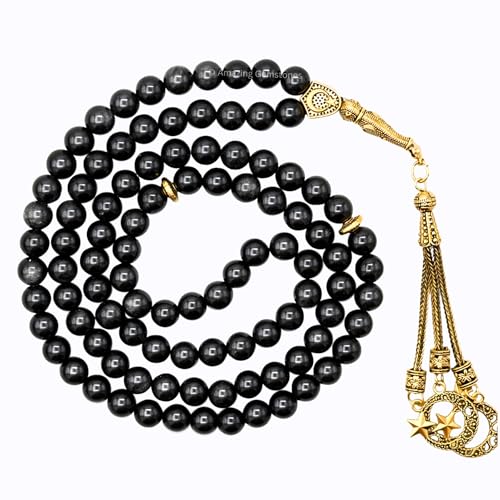 Amazing Gemstone Crystal Tasbeeh with Moon and Star Charm - Certified Crystal Muslim Prayer Beads Natural Gemstone Tasbih Gift for Ramadan Dhikr and Daily Namaz (G) - color: Silver Sheen Obsidian