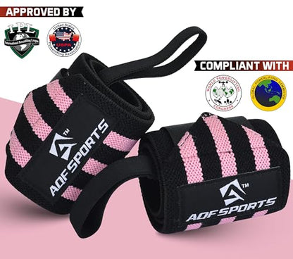AQF Wrist Wraps for Weightlifting & Powerlifting, 18" USPA Approved (Pair) - color: Pink & Back