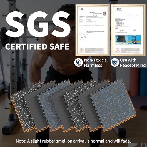 Garvee Exercise Equipment Mats 0.56" Thick 48 Sq ft Gym Flooring – 12 Tiles (24" x 24") Rubber Top with High Density EVA Foam, Interlocking Puzzle Workout Mats for Home Gym Exercise– Black/Grey