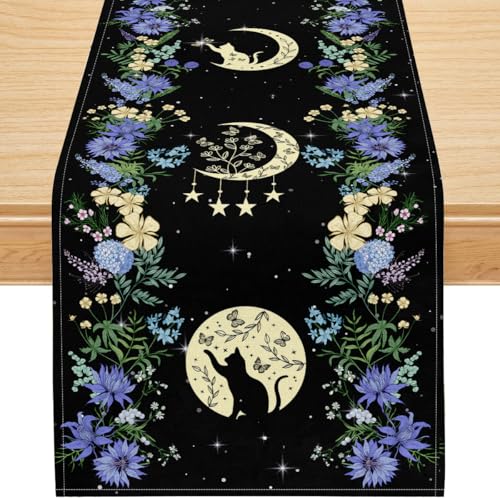 Black Cat Moon Phase Table Runner, Wild Floral Witchy Gothic Celestial Decor for Dining Room Kitchen Halloween Party – 13x36 Inch - color: Blue Moonphase, size: 13x36inch