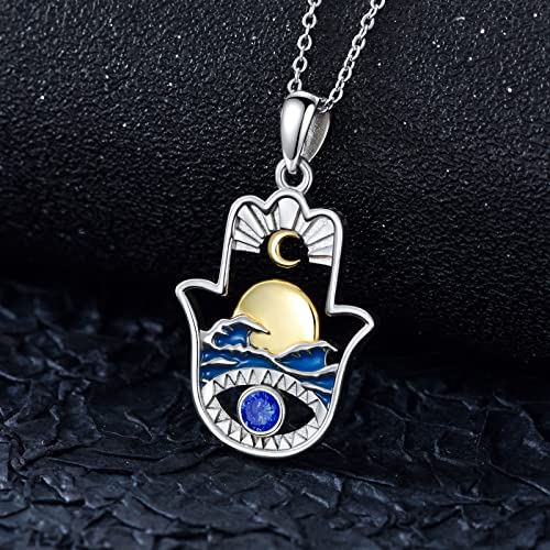 PROESS 925 Sterling Silver Hamsa/Allah Necklace Evil Eye Amulet Jewelry Gifts for Men Women - style: sun and moon necklace