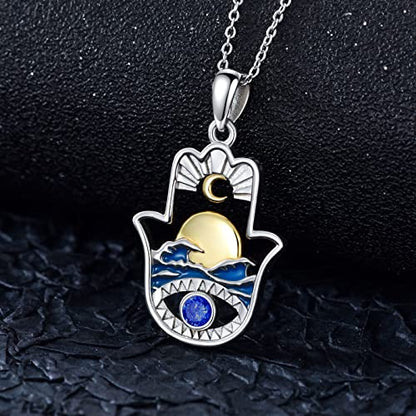 PROESS 925 Sterling Silver Hamsa/Allah Necklace Evil Eye Amulet Jewelry Gifts for Men Women - style: sun and moon necklace