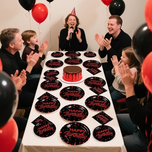 Grencian 96Pcs Red and Black Birthday Party Decorations Red Polka Dots on Black Paper Plates and Napkins Disposable Dessert Tableware for Men Women Birthday Party Decorations 2026 Serves 24 - style: Red Black Wave Point Birthday Sets
