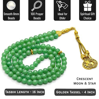 Amazing Gemstone Crystal Tasbeeh with Moon and Star Charm - Certified Crystal Muslim Prayer Beads Natural Gemstone Tasbih Gift for Ramadan Dhikr and Daily Namaz (G) - color: Green Aventurine