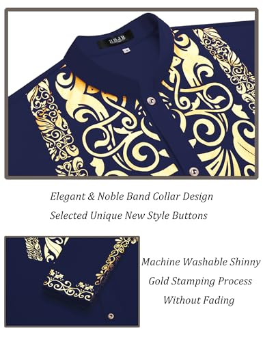 Mens African 2 Piece Sets Dashiki Metallic Traditional Suit Gold Stamp Printed Shirt and Pants Outfit - color: Navy Blue, size: X-Large