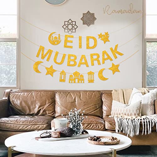 Glitter Eid Mubarak Banner with Gold Moon Star Eid Hanging for Islam Party Decorations No DIY Required