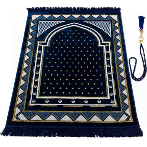 Velvet Muslim Prayer Mat Set, Soft Salah Rug, Islamic Gift for Men & Women (Blue) - color: Blue