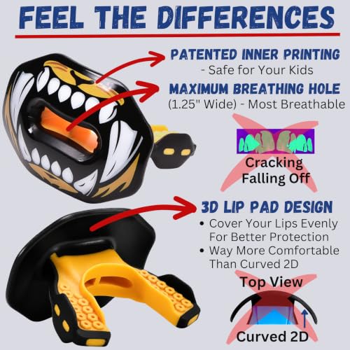 Oral Mart Flag Football Mouth Guard with 3D LipFit Design for Kids - Youth Football Mouthguard (No Boil) Cool Instant Fit Lip Guard Mouthpiece for Braces (Detachable Helmet Strap Included) - color: Tiger Bite