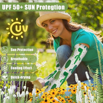 Bebila Gardening Sleeves for Women Farm UV Sun Protection Anti-Scratch Cooling Sleeves with Thumb Hole Arms Cover Outdoors - color: Green Cactus