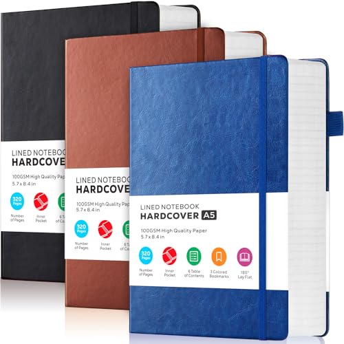FOCUS DAY 3 Pack Journal Notebook, 320 Pages A5 Lined Notebook Journal Set for Work Writing, Hardcover Leather Bound Notebooks Bulk for Women Men Office School, 5.7'' X 8.4'', Multicolor - color: Blue-Brown-Black, size: A5