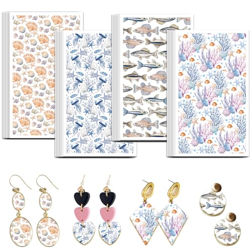 OLYCRAFT 24Pcs Ocean Clay Transfer Paper 4 Styles Transfer Paper for Polymer Shells Fish Polymer Clay Transfer Sheets Ocean Theme Small Transfer Paper for Clay Earrings Jewelry Making - style: Shell