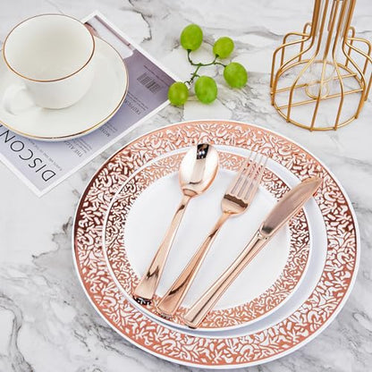 𝟮𝟭𝟬 Count Rose Gold Plastic Dinnerware Disposable Plates 30 Dinner & 30 Dessert Plates & 30 Cups & 30 Rose Gold Paper Napkins & 30 Plastic Silverware Set - color: Rose Gold