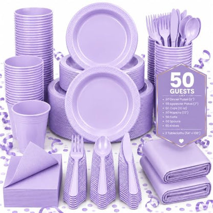 Tinybee 352 Pcs Lilac Plastic Plates, Disposable Dinnerware Set for 50 - color: Lavender