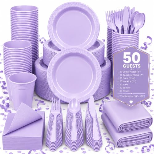 Tinybee 352 Pcs Lilac Plastic Plates, Disposable Dinnerware Set for 50 - color: Lavender