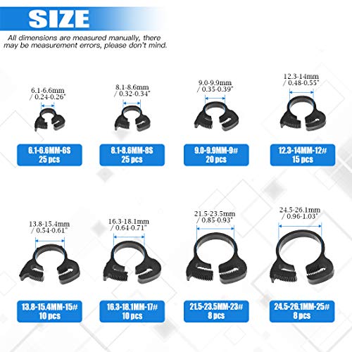 Glarks 121Pcs 8 Size Heavy Duty Black Double Gripping Nylon Hose Clamps Set, 6.1-26.1mm Plastic Snap Ratcheting Clamps Assortment Kit (Black 121Pcs)