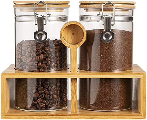 Coffee Container with Shelf: 2P 45OZ Glass Airtight Coffee Holder | Large Capacity Coffee Canister w/Wooden Scoop - Kitchen Food Storage Jar for Ground Coffee/Tea/Sugar/Cereal/Nuts/Coffee Bar