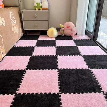 12pcs Carpet Squares Puzzle Floor Mat, Plush Interlocking Carpet Tiles, Anti Slip EVA Foam Jigsaw Floor Tiles, Build A Safe Area for Bedroom Playroom (Pink+Black) - color: Pink+black