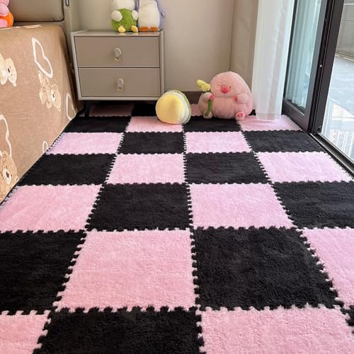12pcs Carpet Squares Puzzle Floor Mat, Plush Interlocking Carpet Tiles, Anti Slip EVA Foam Jigsaw Floor Tiles, Build A Safe Area for Bedroom Playroom (Pink+Black) - color: Pink+black