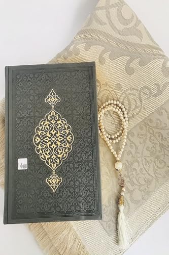 Medium Size Quran Set - Gray Thermo Leather Cover, Prayer Beads, Seccade - Hayrat Neşriyat