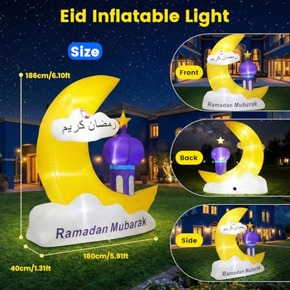 Inflatable Ramadan Decorations 6.1FT Outdoor, Muslim Eid Mubarak Blow Up with LED Lights, Waterproof Islamic Ramadan Moon & Star Decor for Garden Yard Lawn Fasting Celebration