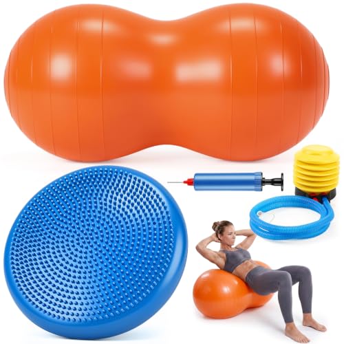2 Pcs Peanut Ball and Wobble Cushion with Pump Set | Sensory Balance Disc Wiggle Seat for Adults, Flexible Seating for Exercise Physical, Child Training, Yoga - color: Blue
