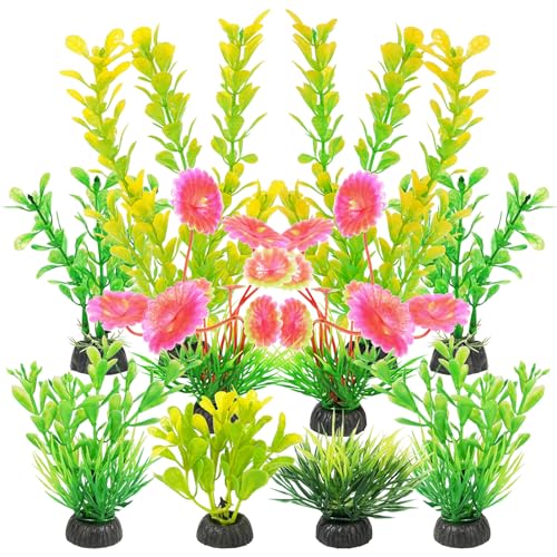 AQUANEAT Artificial Fish Tank Plants, Plastic Aquarium Decorations, Yellow Accessories, 10pcs - color: Yellow