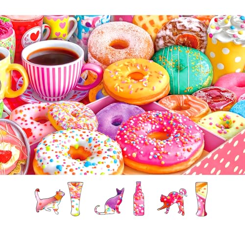 Puzzle for Adults 500 Piece Colorful Cute Donuts & Coffee Jigsaw Puzzle Fun Sweet Treats Family Challenge Puzzle for Seniors (23"x15") - color: Cute Donuts