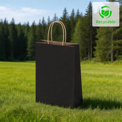 Oikss 50 Pack 5.25x3.25x8.25 inch Small Kraft Paper Bags with Handles Bulk, Birthday Wedding Party Favors Grocery Retail Shopping Business Goody Craft Gift Bags Cub Sacks (Black) - color: Black