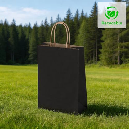 Oikss 50 Pack 5.25x3.25x8.25 inch Small Kraft Paper Bags with Handles Bulk, Birthday Wedding Party Favors Grocery Retail Shopping Business Goody Craft Gift Bags Cub Sacks (Black) - color: Black