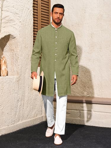 Runcati Mens Kurta Coats Indian Mandarin Collar Attire Ethnic Outfits Wedding Festive Party Clothing Casual Kaftan Robe - color: Army Green, size: X-Large