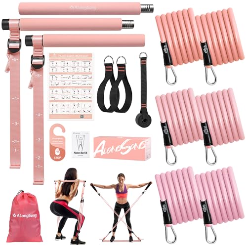 Upgraded Pilates Bar Kit with Resistance Bands Natural Latex for Women & Men, Heavy-Duty Stainless Steel Multifunctional Yoga Pilates Stick for Home Gym Exercise Fitness Equipment Full-Body Workouts - color: Rose Pink