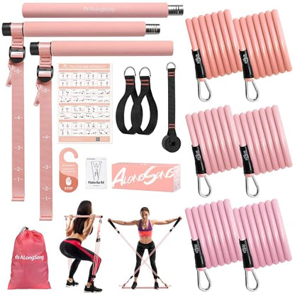 Upgraded Pilates Bar Kit with Resistance Bands Natural Latex for Women & Men, Heavy-Duty Stainless Steel Multifunctional Yoga Pilates Stick for Home Gym Exercise Fitness Equipment Full-Body Workouts - color: Rose Pink
