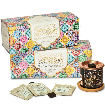 Oud Bakhoor Variety Box with Burner & Refill Box by Dukhni | Set of 2 | Authentic Arabic Bakhoor Incense | Gift Set & Starter Kit | Luxurious Long-Lasting Assorted Fragrances