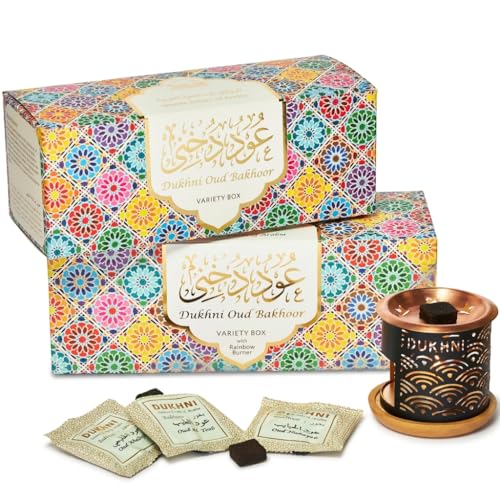 Oud Bakhoor Variety Box with Burner & Refill Box by Dukhni | Set of 2 | Authentic Arabic Bakhoor Incense | Gift Set & Starter Kit | Luxurious Long-Lasting Assorted Fragrances