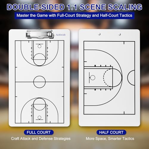 Basketball Clipboard for Coaches, Double-Sided Dry Erase Board | Full and half-court layouts on a lightweight, flexible PVC board with metal clip; marker and eraser are not included. - style: Basketball