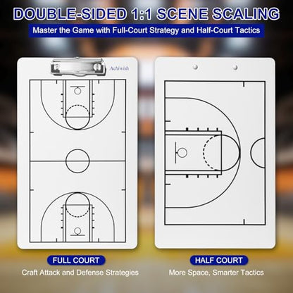 Basketball Clipboard for Coaches, Double-Sided Dry Erase Board | Full and half-court layouts on a lightweight, flexible PVC board with metal clip; marker and eraser are not included. - style: Basketball