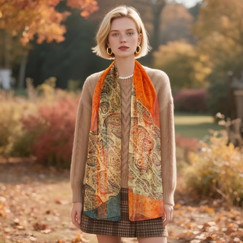 E-Clover Women Soft Floral Print Shawl Chiffon Sheer Scarf - color: Orange Green