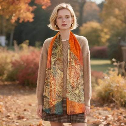 E-Clover Women Soft Floral Print Shawl Chiffon Sheer Scarf - color: Orange Green