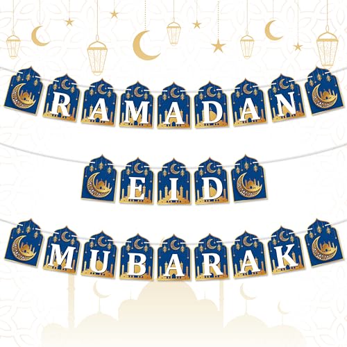WATINC 2 in 1 Ramadan Banner Eid Mubarak Decoration, Ramadan Kareem Hanging Banners Decor, No DIY Needed Eid Al-Fitr Iftar Party Favor Hang Bunting Supplies for Home Tree Fireplace Wall 10 Feet (Blue) - color: Blue