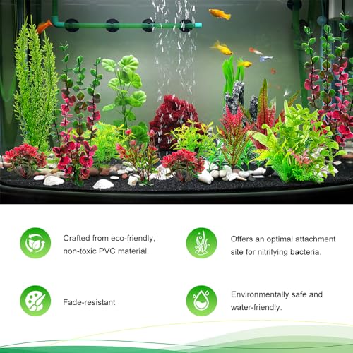 18Pcs Plastic Aquarium Plants, Weighted Base, Red Green Fish Tank Decor | Safe for betta and goldfish. Fresh and saltwater. Tall and short variety pack. Weighted bases hold firm.
