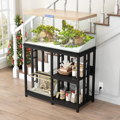 Heavy Duty 40-50 Gallon Aquarium Stand with Power Outlets, 3-Tier Adjustable Metal Fish Tank Stand with Storage Shelf for 5-10 Gallon Tanks, Reptile Terrariums & Supplies Organizer, 720LBS Capacity (Black + Black) - color: Black + Black