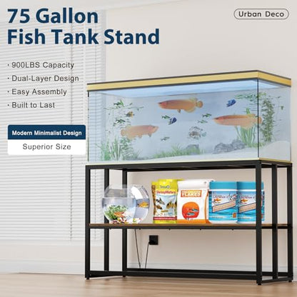 Urban Deco 55-75 Gallon Fish Tank Stand with Power Outlets, 900LBS Capacity Aquarium Stand, Metal Fish Tank Stand Dual-Layer Design Terrarium Stand, Rustic Brown - color: Brown, size: 75 gallon