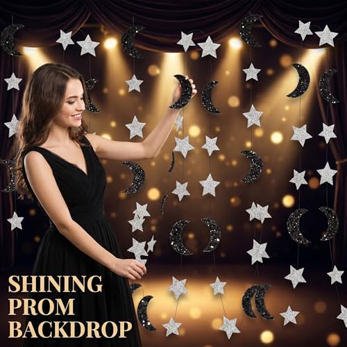 Prom Decorations 4m Glitter Paper Star Strips Black Silver Moon and Stars Decor, Hanging Space Decorations Galaxy Garland for Ramadan Birthday Backdrop Ceiling Decor