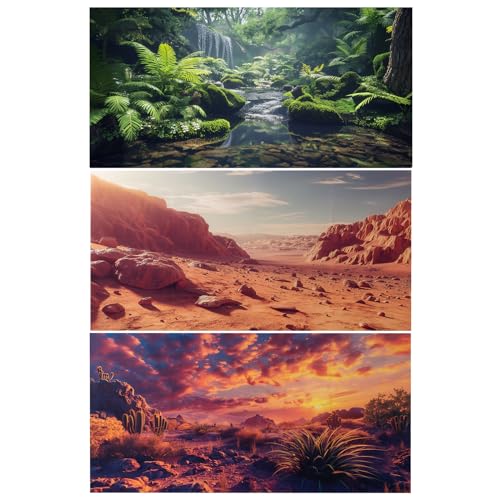 3 Pack Terrarium Background, 24x12 inch Polyester Reptile Background | Cloth Terrarium Background, Gobi Sunshine Cactus Stone & Green Tree Fern Stream Backgrounds, Backgrounds for Reptile Tank - size: 24x12 Inch