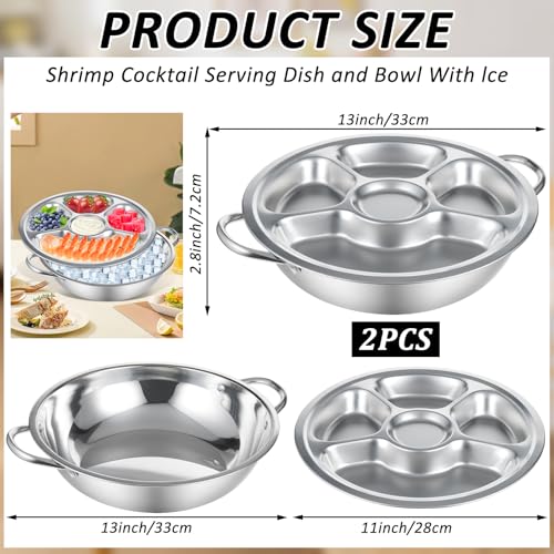 2 Set Shrimp Cocktail Serving Dish 11 Inch Stainless Steel Dip Chiller Serving Bowl, 2 5-Section Chilled Food Trays 2 Round Plate with Handle for Dinner Buffet Seafood Oysters Crawfish Veggie Fruit