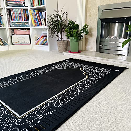 Mihrab Patterned Original Luxury Velvet Prayer Mat/Rug- 750g Weight | Made in Turkey (Black) - color: Black