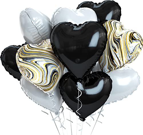 Black White Agate Heart Balloons, 10PCS Foil for Goth Wedding Party - color: Glossy-black White Agate