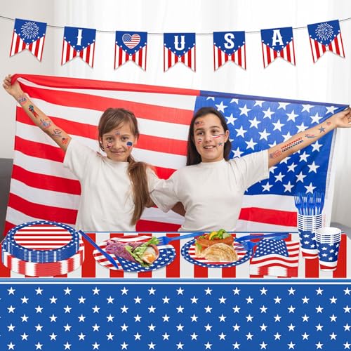 108PCS 4th of July Party Supplies American Flag Tableware Set Forth of July Patriotic Party Decorations Patriotic Paper Plates and Napkins Tablecloth Memorial Independence Day Dinnerware for 16 Guests - style: 4th of july