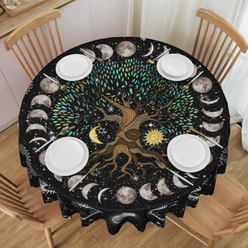 Witchy Table Cloths, Gothic Life Tree Hippie Sun Moon Witch Bohemian Moon Phase Mandala Mystic Aesthetci Coffee Table Cover Decor for Kitchen Dining Room Outdoor Home Party, 36" Round - color: Life Tree-2, size: 36" (Round)